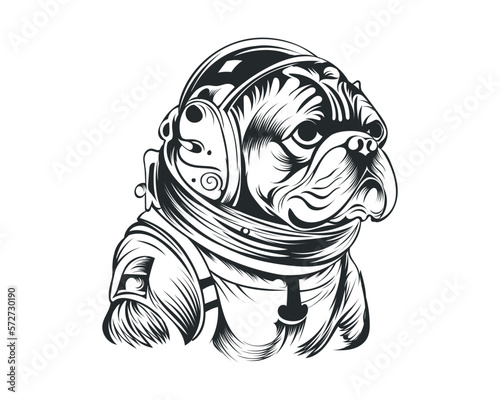 Black and White astronaut Bulldog vector illustration  Astronaut dog Silhouette