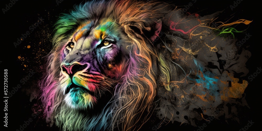 colorful lion on black illustration design art