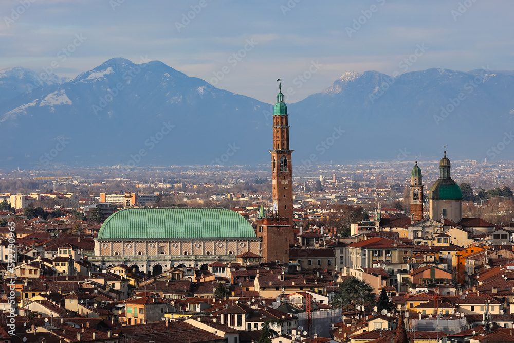 monument called BASILICA PALLADIANA in Vicenza city in Italy seen from above