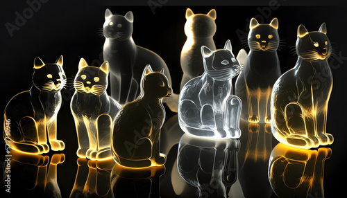  Translucent cats on solid black background created with generative AI technology