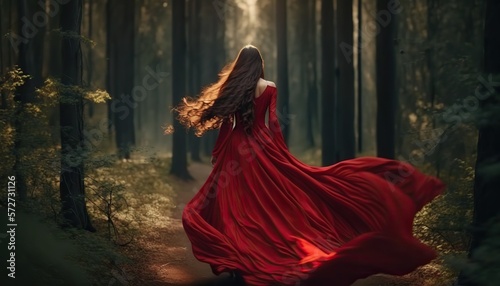 Generative ai woman with long hair walking in the woods 