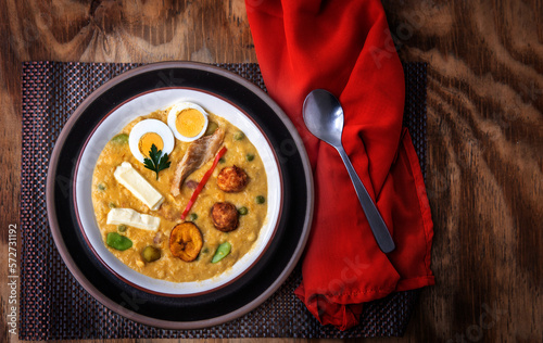 Top view of a fanesca plate. Traditional Ecuadorian food eaten at Easter photo
