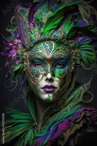 Illustration of a woman dressed with a Venetian mask and costume from seventeenth-century for a carnival party in Venice. Carnival elegant festive celebration background. Generative ai 