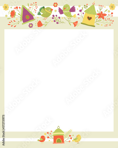 Spring square frame of bird houses with birds and flowers in vivid eye catching colors for gift cards
