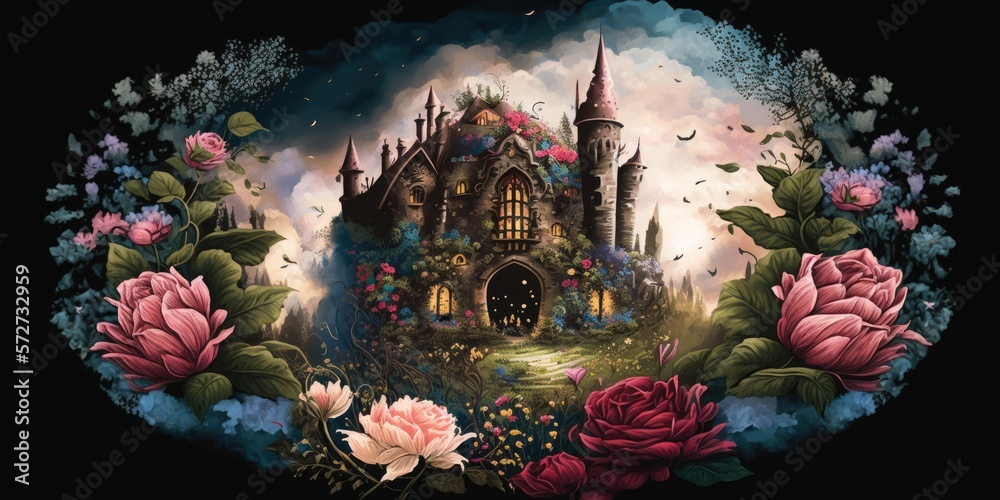 Obraz premium fantasy garden castle with many flowers roses and cloud illustration design art