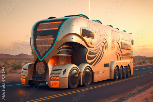 3d model of futuristic electric truck on highway, Generative Ai © coco
