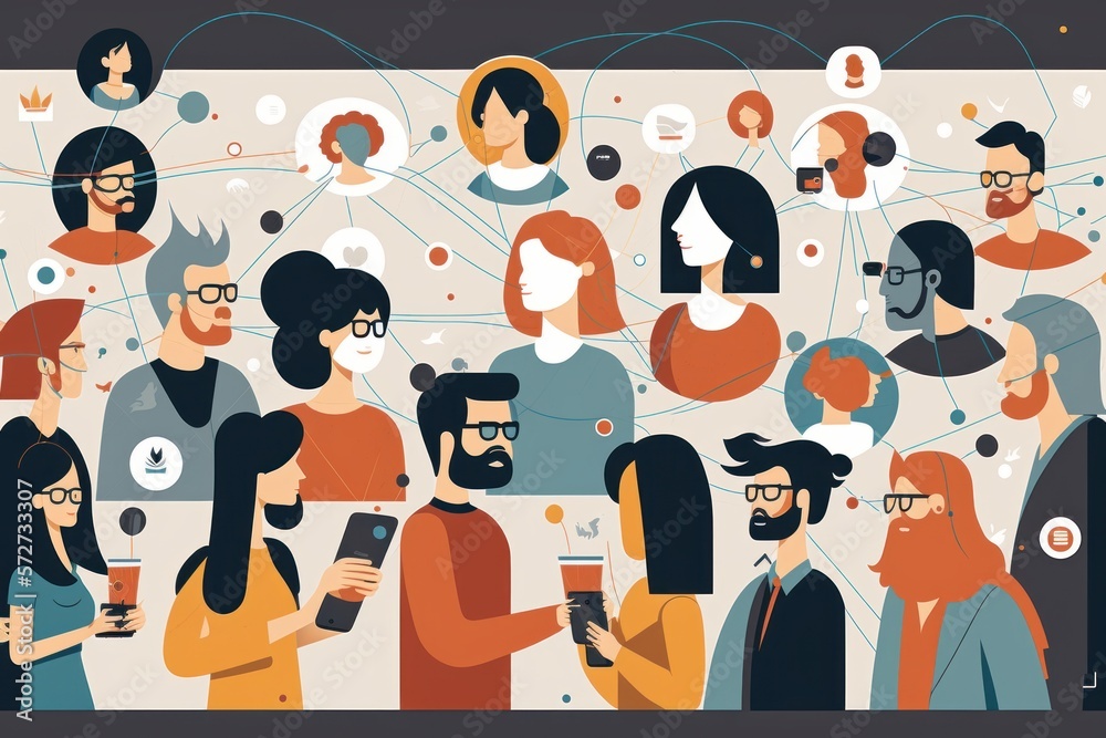 People with devices. Social network concept. Beautiful colorful illustration. Vector style. Generative AI