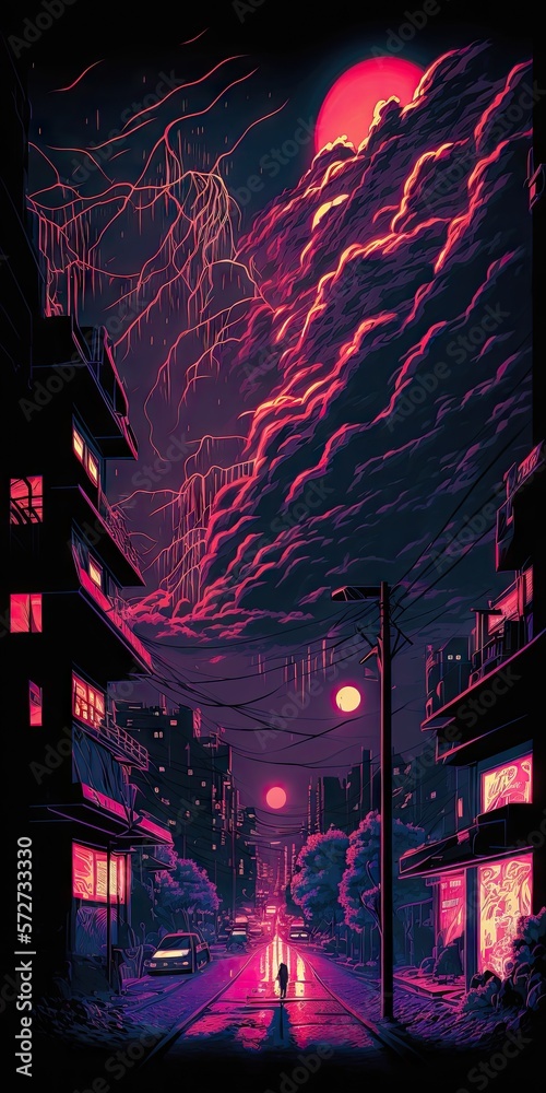 fantasy night city japanese landscape neon light abstr illustration design art