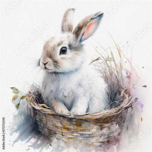 Baby Easter Bunny in a Wicker Basket on a White Background. Generative AI