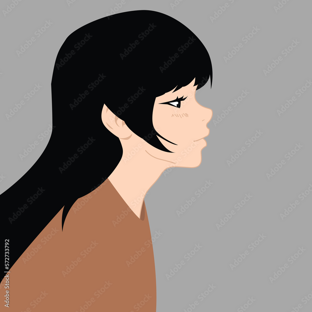 Vector anime girl. Girl in profile, with long black hair on a gray background. Anime style, hand drawn vector illustration. Vector anime girl. Girl in profile, with long black hair on a gray background. Anime style, hand drawn vector illustration.