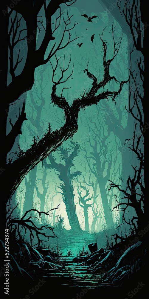 gloomy forest with scary trees illustration design art