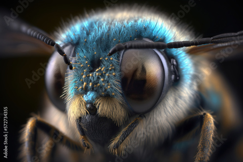 blue jewel bee, Closeup of face fluffy head of bee, Generative Ai © coco