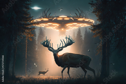 UFO landing in forest with animals. Generative ai © Hamid