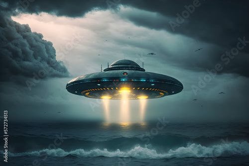 UFO flying over ocean. UFO or spy object sighting made using generative ai