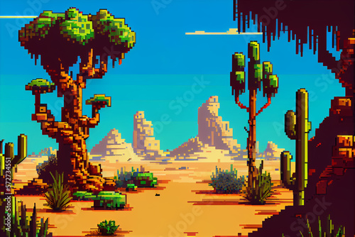 Video game background landscape with mountains and forests in 16 bit pixels. Retro video arcade game nature location with pixel art mountain hills, snow peaks, sky and clouds, trees, grass and lake.