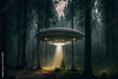 UFO or Alien ship or Flying saucer in forest. Generative ai