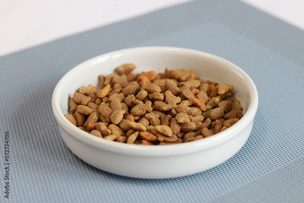Dry cat food in the form of fish. Balanced food for pets, advertising feed. White cat bowl on the rug