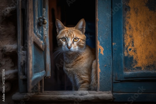 A red cat is sitting on a window sill and looking through the open blue window