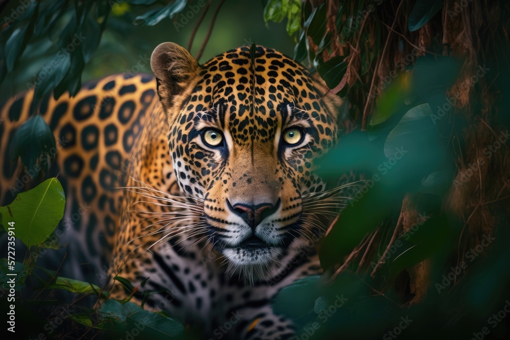 jaguar with piercing eyes in the brazilian jungle illustration design art - obrazy, fototapety, plakaty 