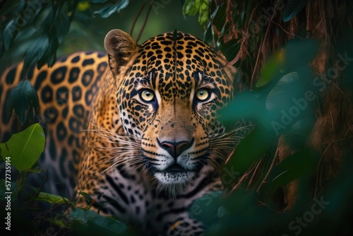 Fotografie, Tablou jaguar with piercing eyes in the brazilian jungle illustration design art