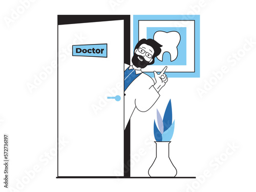 Medical concept with character situation. Dentist standing at door of office and waiting for patients. Doctor working in dental clinic. Vector illustration with people scene in flat design for web