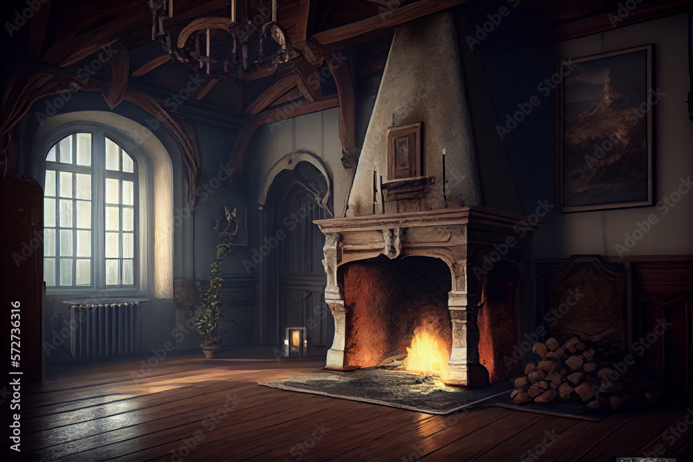 Room with a fireplace in an old castle. AI generated