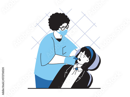Medical concept with character situation. Dentist examines patient oral cavity, treats teeth. Woman visiting doctor in stomatology cabinet. Vector illustration with people scene in flat design for web