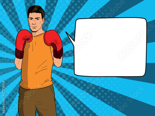 Handsome man in red boxing gloves with a speech bubble. Vector illustration in a vintage pop art style