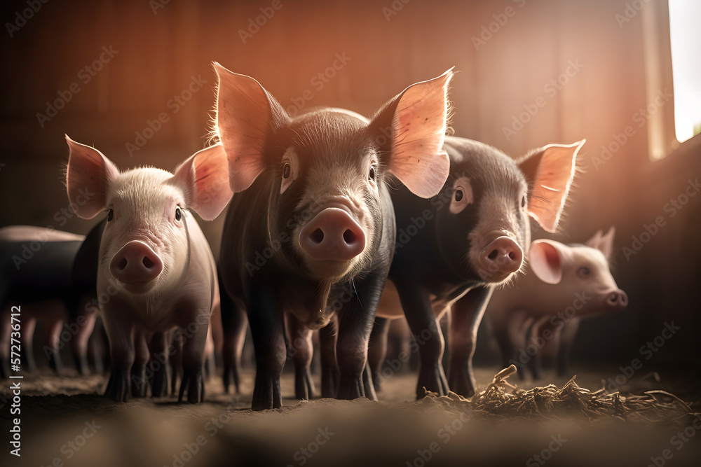 Portrait piglet with sunlight. Pigs livestock farm. Agriculture industry swine. Generation AI Portrait piglet with sunlight. Pigs livestock farm. Agriculture industry swine. Generation AI