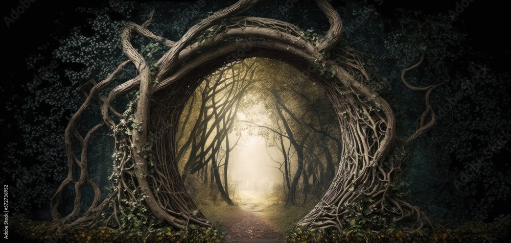 Naklejka premium magical portal with arch made with tree branches in for illustration design art
