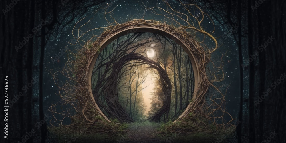 Naklejka premium magical portal with arch made with tree branches in for illustration design art