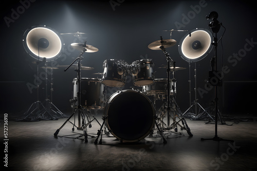 Festival music, Drum set on stage for band with spot lighting spotlight. Generation AI