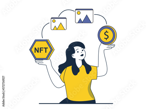 NFT token concept with character situation. Woman makes online transaction with cryptocurrency and buys digital art with NFT technology. Vector illustration with people scene in flat design for web