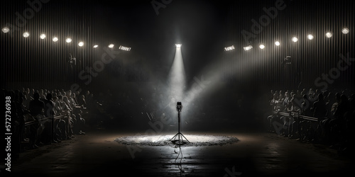 Concept Public speaking on stage with mic. Microphone for singer music background with spot lighting. Generation AI