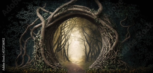 magical portal with arch made with tree branches in for illustration design art