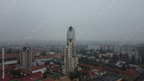 town photo of building in slovakia with drone