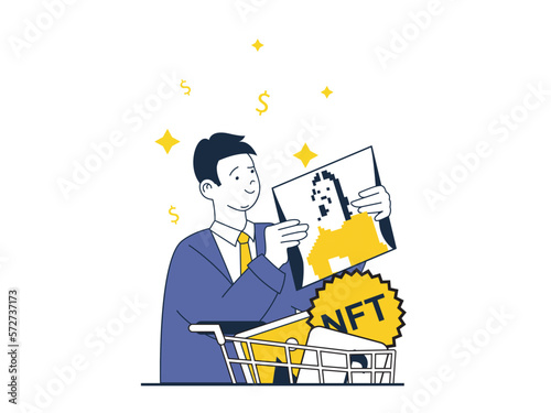 NFT token concept with character situation. Man collector buys unique digital artworks and paintings pictures on online marketplaces. Vector illustration with people scene in flat design for web