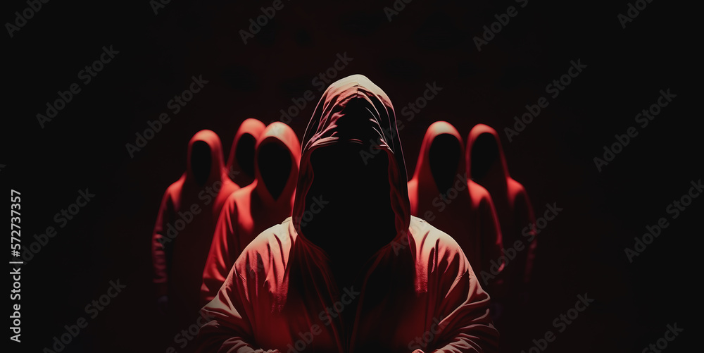 People cultists in hooded red dark background. Concept banner devil cult, evil rite to hell. Generation AI - obrazy, fototapety, plakaty 