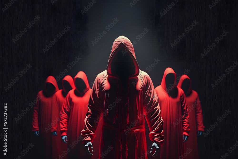 Concept devil cult ceremony, evil rite to hell. Cultists in hooded red dark background. Generation AI - obrazy, fototapety, plakaty 