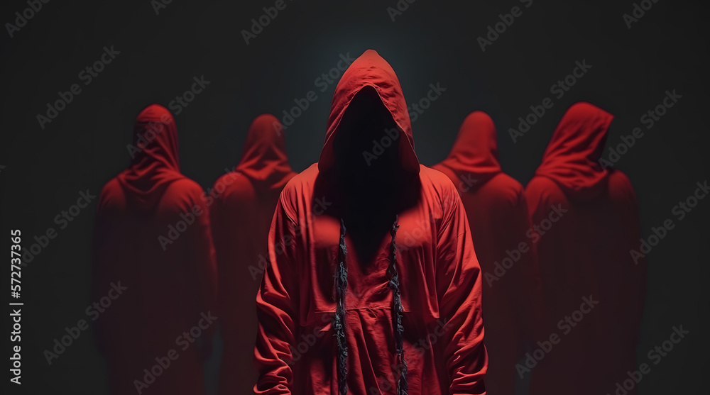 People cultists in hooded red dark background. Concept banner devil ...