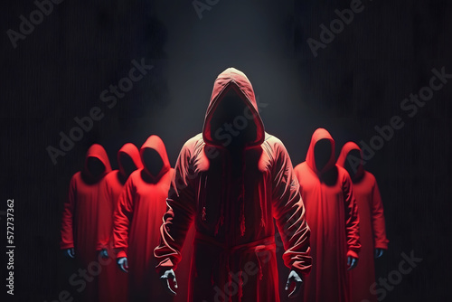 Concept devil cult ceremony, evil rite to hell. Cultists in hooded red dark background. Generation AI photo