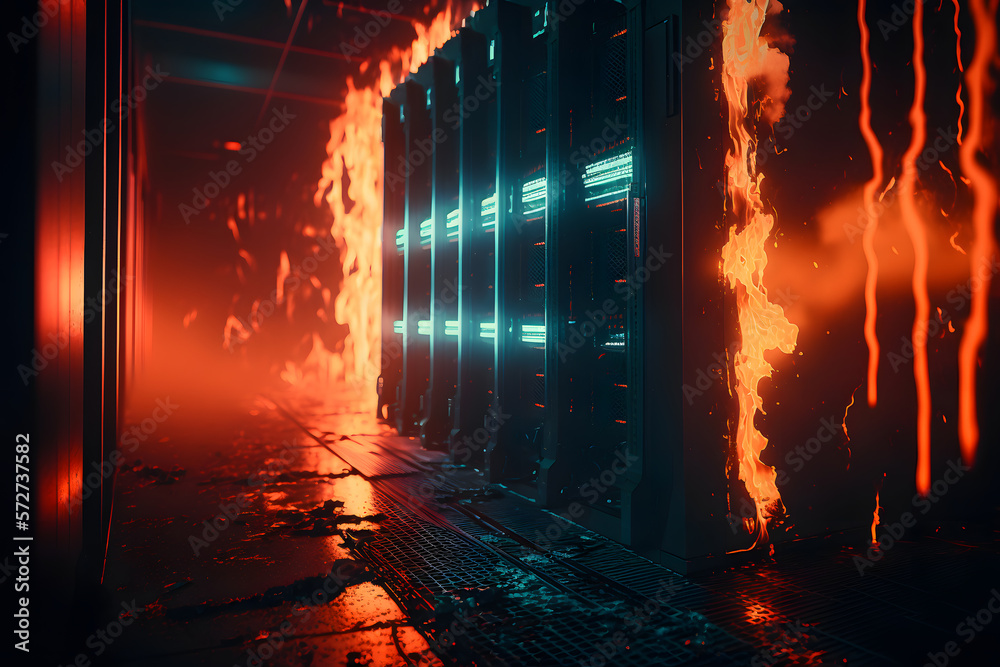 Data center server room burning. Modern