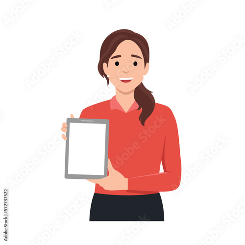 Young woman showing blank no-name tablet pc monito. Flat vector illustration isolated on white background
