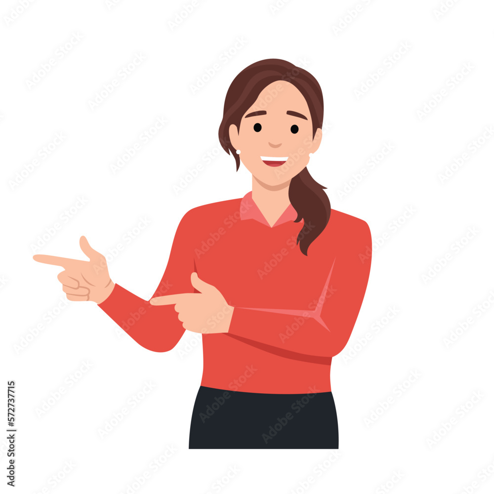 Woman hand pointing finger at left up corner with happy expression and advices use this copy space wisely. Flat vector illustration isolated on white background Woman hand pointing finger at left up corner with happy expression and advices use this copy space wisely. Flat vector illustration isolated on white background
