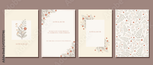 A bunch of postcards. Wedding invitation. Postcards in pastel shades with various twigs of plants