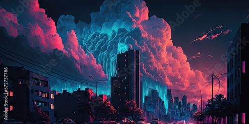 night cityscape in neon light and clouds illustration design art