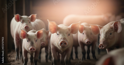 Portrait piglet with sunlight. Pigs livestock farm. Agriculture industry swine banner. Generation AI photo