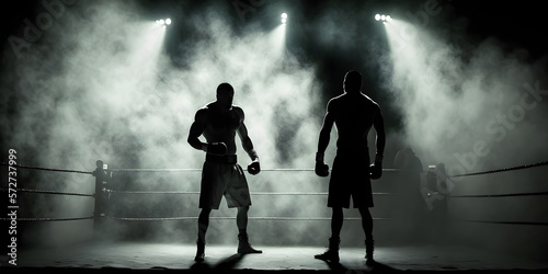 Silhouette of two professional boxer fight in ring match, with spot lighting. Generation AI