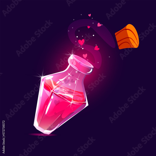 Glass bottle isolated icon. Vector illustration. Hot pink object on a dark background; Game icon fantasy love potion. Cartoon elixir for strength mana and glass flasks with colorful glowing liquid and