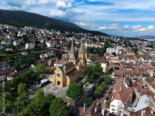 Panoramic view to Collegial church and the old city of Neuchatel, Switzerland